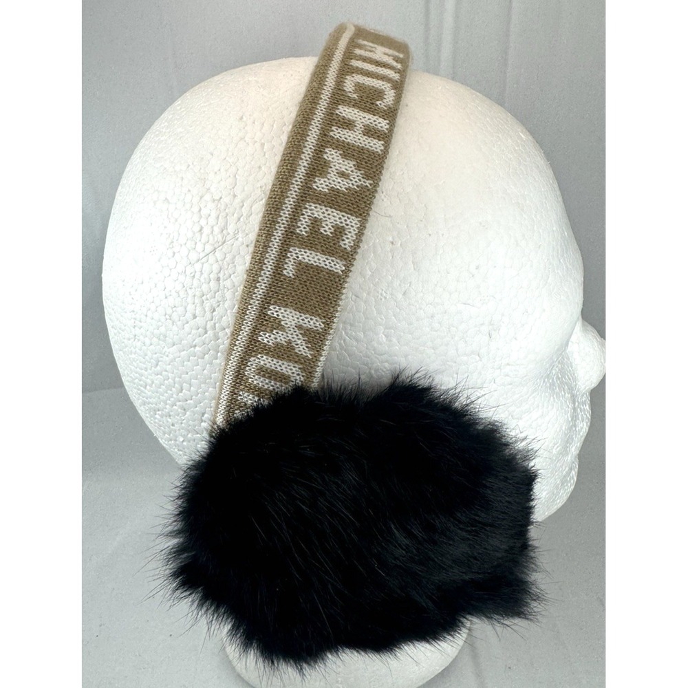 MICHAEL KORS Womens Faux Fur Ear-Muffs Black Beige Knit Acrylic One Size Winter